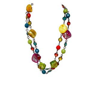 Crystal and Shell Necklace Neon Multi Color Died Seashell Lucite Beads Statement